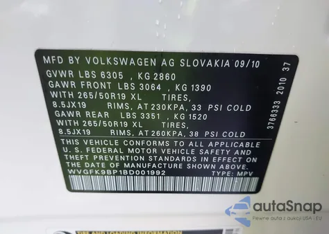 2011 Volkswagen Touareg Tdi Lux z USA, uszkodzony, nr VIN WVGFK9BP1BD001992